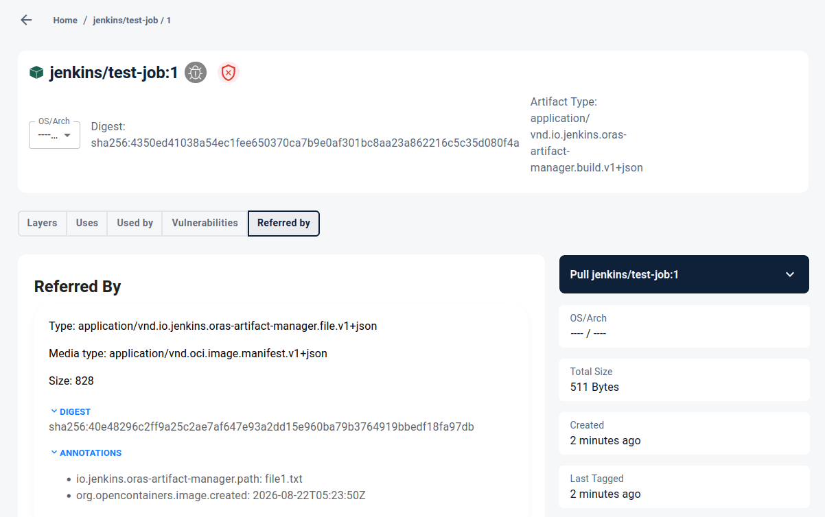 A file artifact showing its subject relationship to the build root, viewed in the Zot registry UI